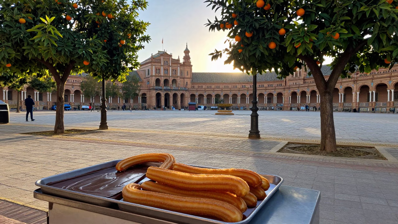 Morning Churros and Chocolate in Seville Plaza Before Sunrise in in Seville, Spain