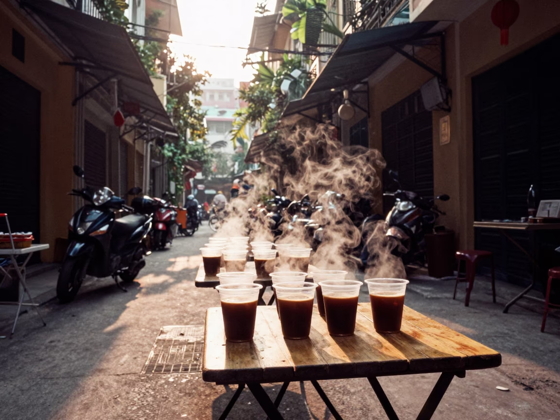 Morning Coffee and Folding Tables at Hanoi Old Quarter Dawn Street Scene in in Hanoi, Vietnam