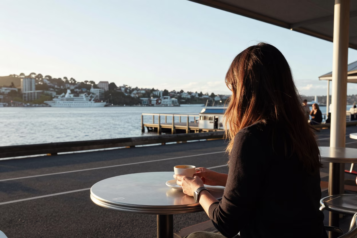 Morning Coffee and Harbour Views in Wellington New Zealand First Light in in Wellington, New Zealand