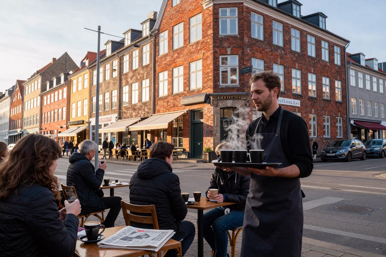 Morning Coffee and Newspaper at Copenhagen Street Cafe Just After Sunrise in in Copenhagen, Denmark