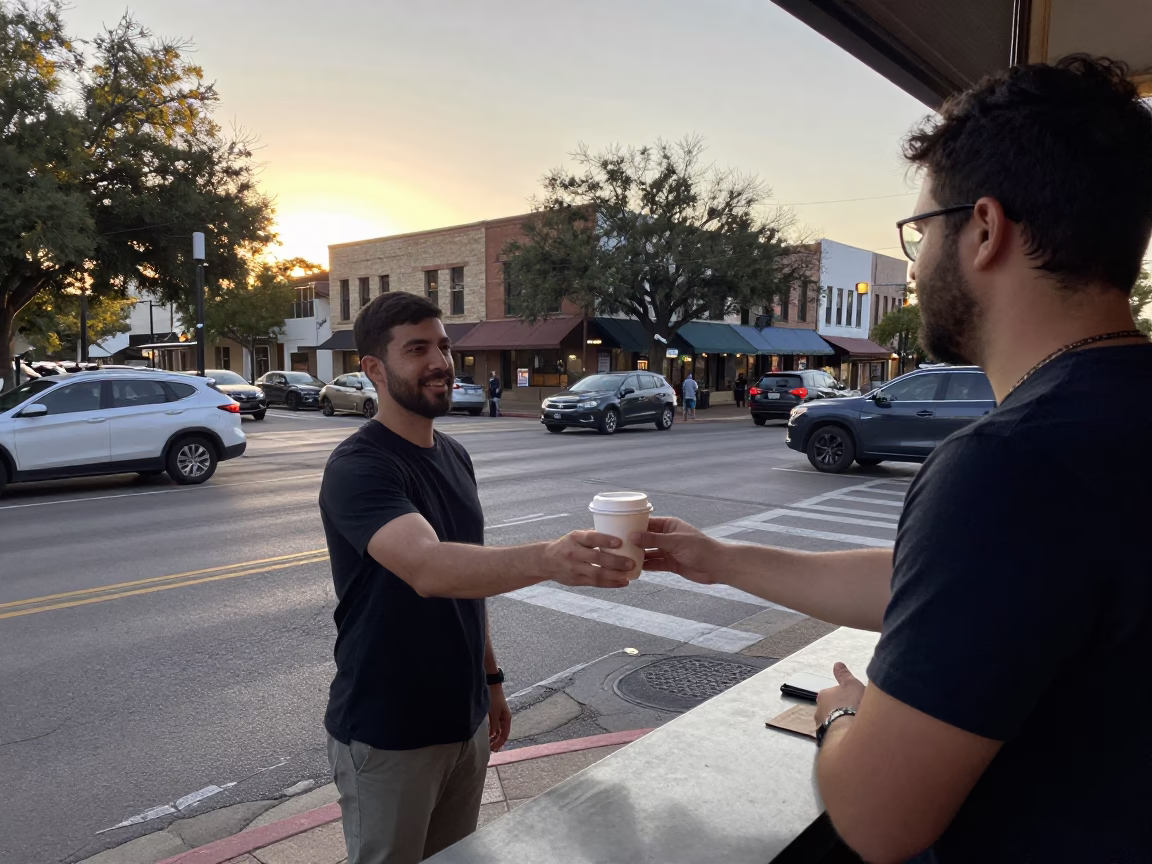 Morning Coffee and Traffic at Austin Texas Downtown Street Corner Sunrise in in Austin, Texas, United States