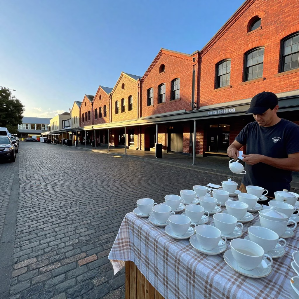 Morning Coffee at Salamanca Market Hobart Tasmania with Teacups and Cobblestone Street in in Hobart, Tasmania, Australia