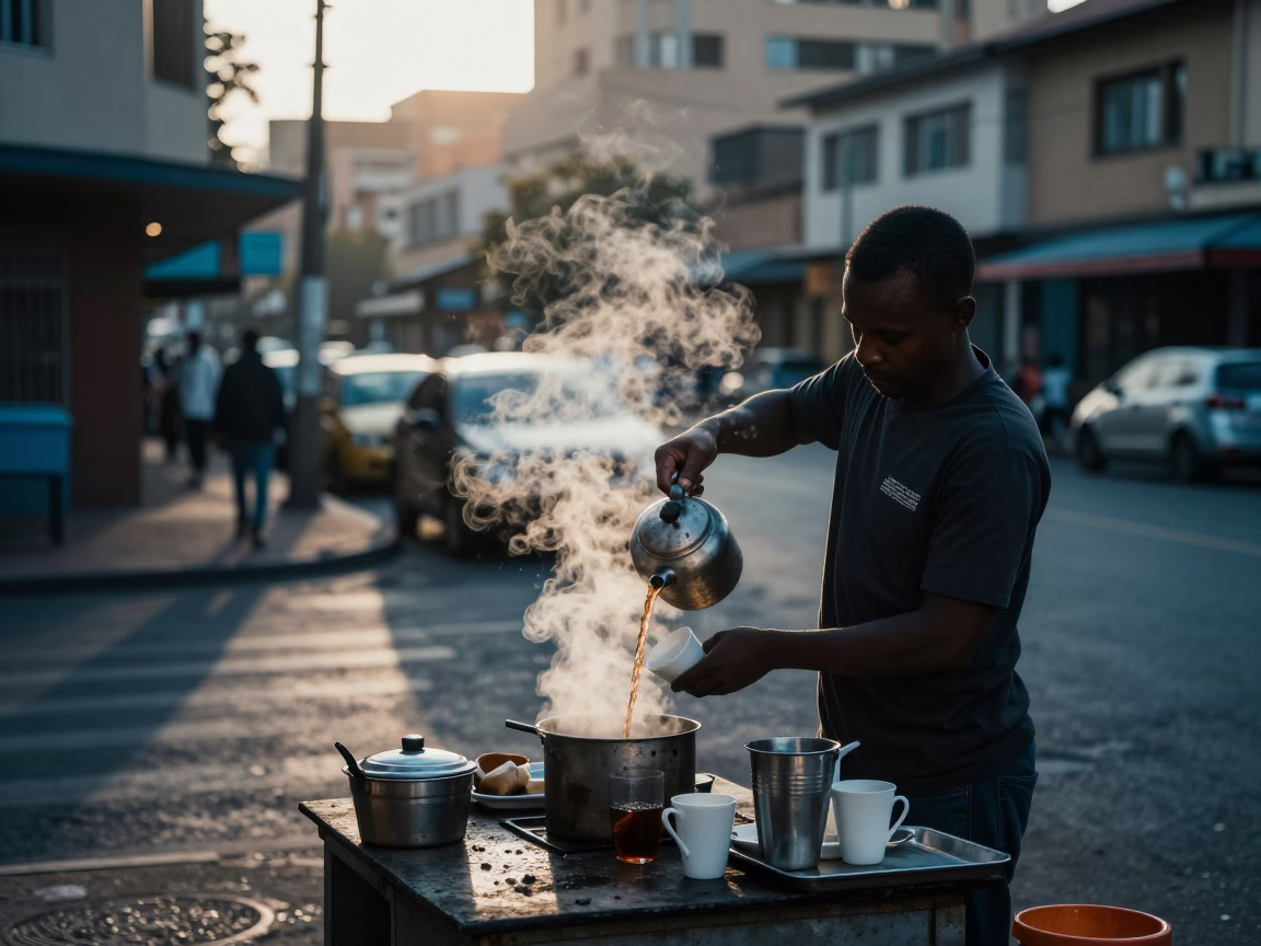 Morning Coffee Break at Johannesburg Street Corner Before Sunrise in in Johannesburg, South Africa