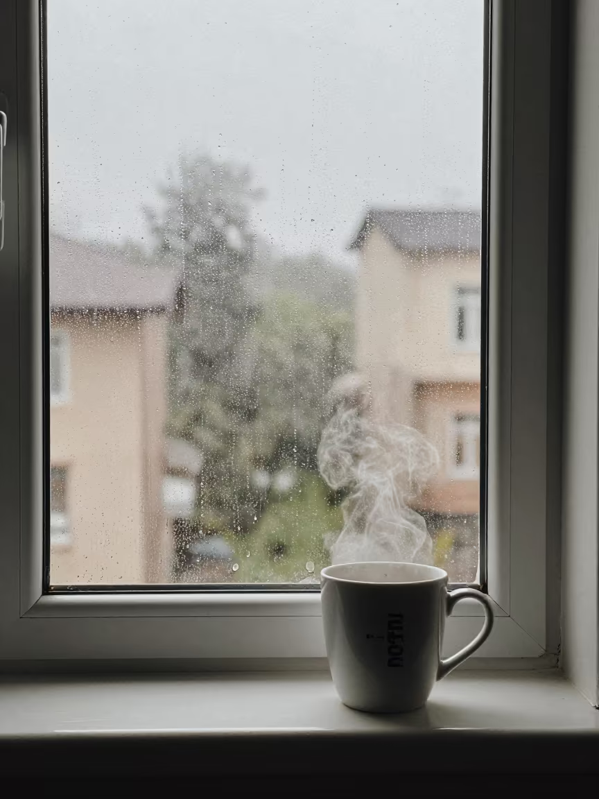 Morning Coffee Cup Dawn Light Kotri Window in beside a rain-streaked window in Kotri