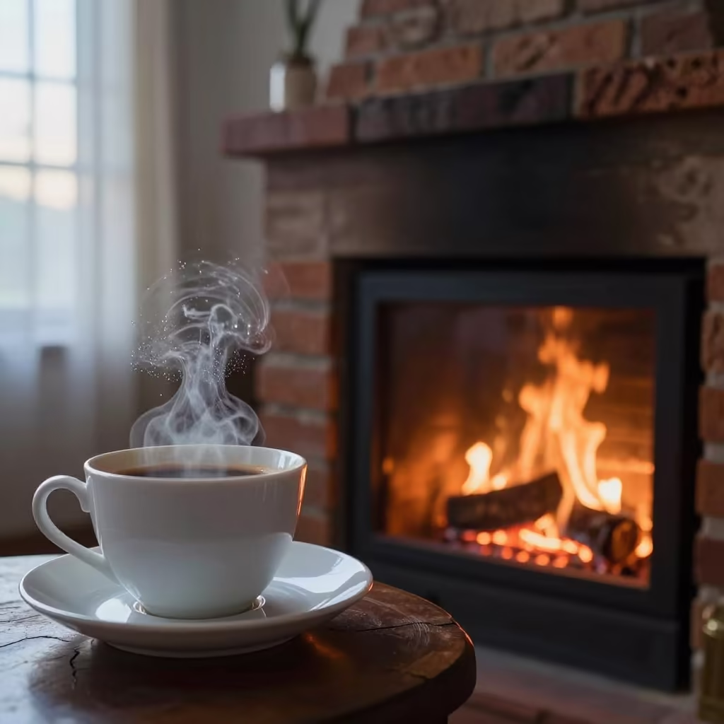 Morning Coffee Cup by Fireplace Haiphong in by a crackling fireplace near Haiphong