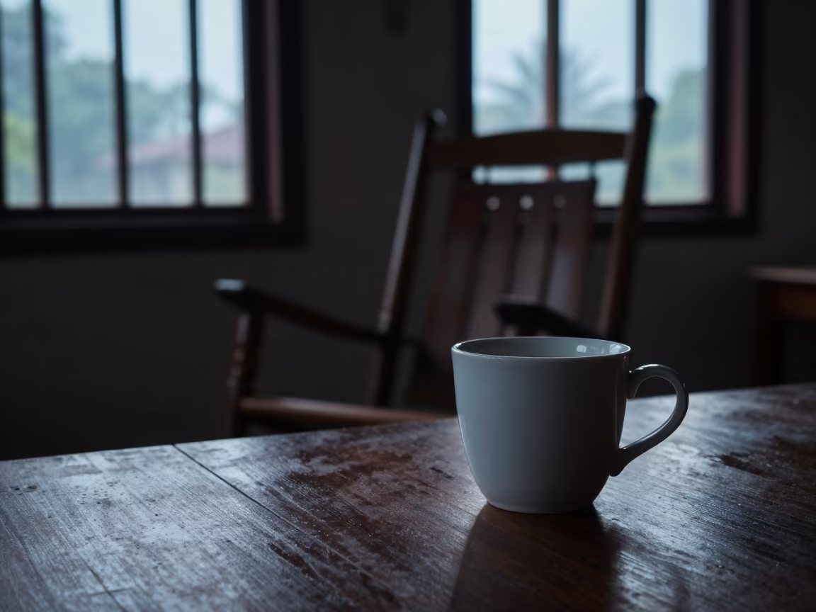 Morning Coffee Cup on Porch at Dawn in on a porch with a rocking chair in Cuttack