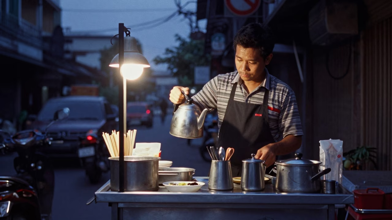 Morning Coffee in Bangkok at The Predawn Darkness Light in in Bangkok, Thailand