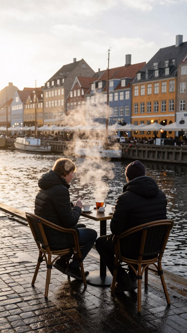 Morning Coffee Ritual at Nyhavn Canal with Steam and City Views in in Copenhagen, Denmark