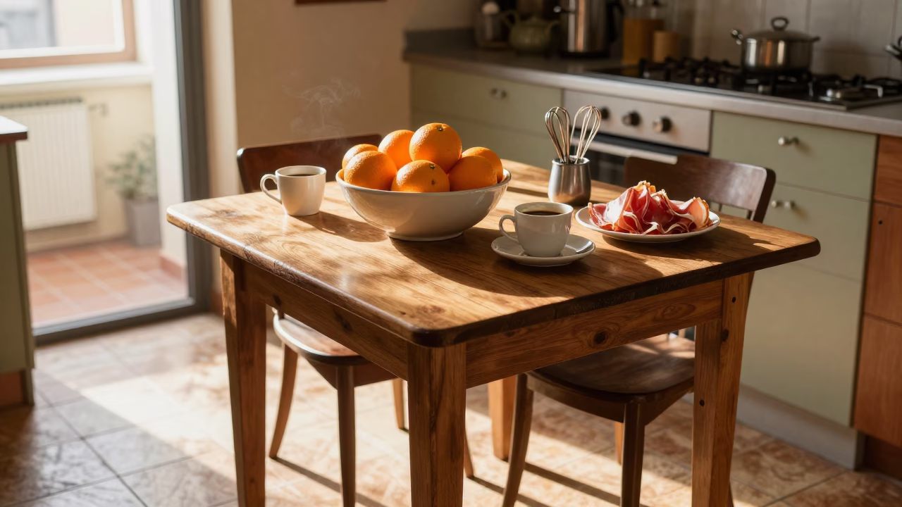 Morning Coffee Ritual in Bologna Italy with Fruit Bowl and Whisks at Sunrise in in Bologna, Italy