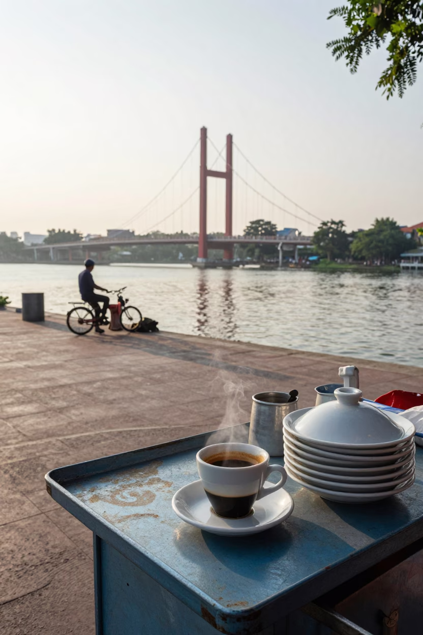 Morning Coffee Ritual in Hanoi Vietnam Near Red Bridge Pier at Dawn in in Hanoi, Vietnam