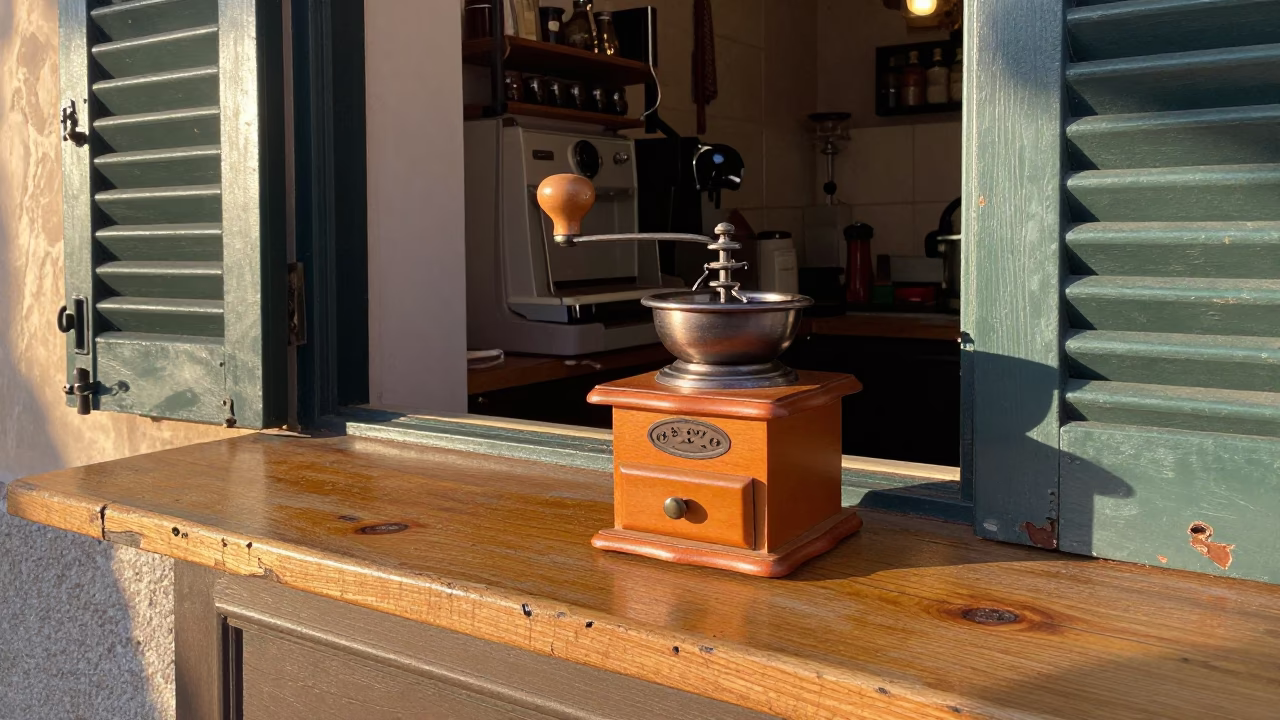 Morning Coffee Ritual in Palermo Sicily with Vintage Grinder and Local Life at Dawn in in Palermo, Italy