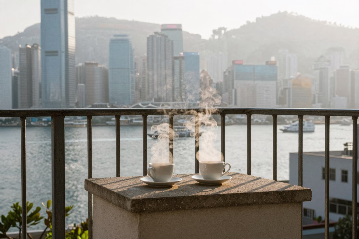 Morning Coffee Ritual on Hong Kong Balcony with City Skyline View in in Hong Kong, Hong Kong