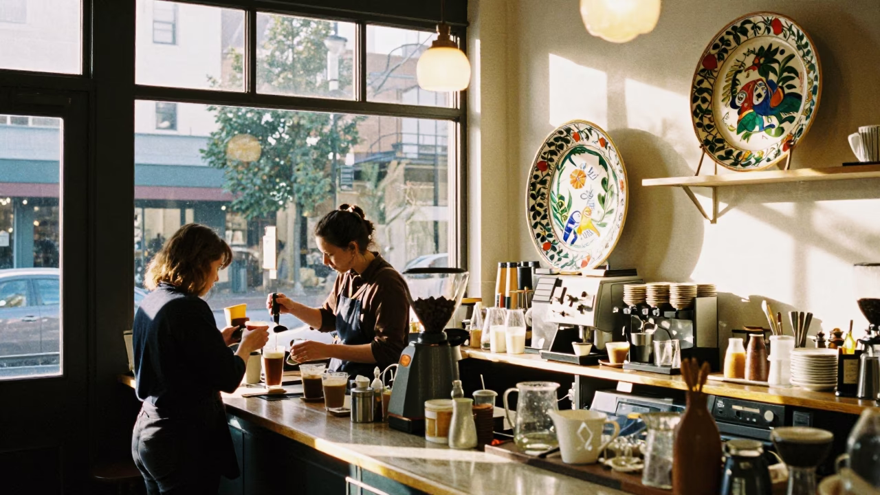 Morning Coffee Shop Interior in Portland Oregon with Vintage Majolica Plate and Tea Kettle in in Portland, Oregon, United States