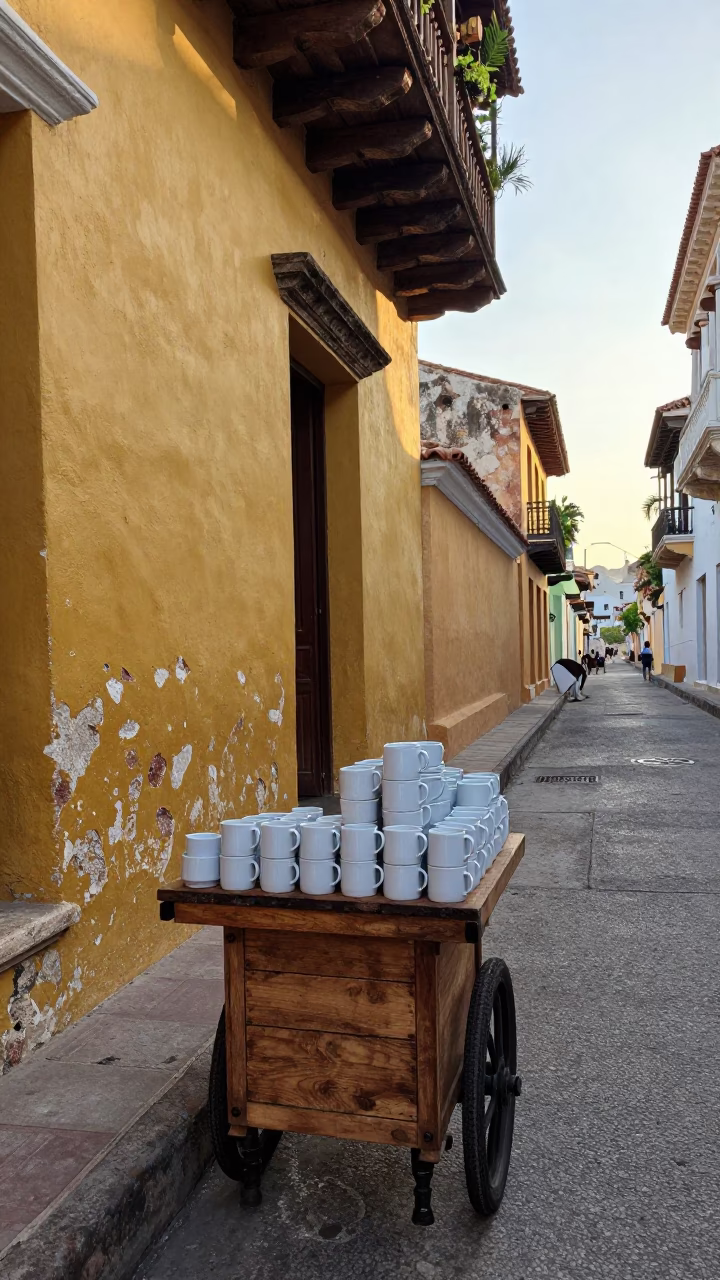 Morning Coffee Stall in Colonial Cartagena With Ceramic Mugs and Sugar Bowl in in Cartagena, Colombia