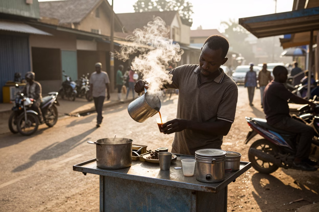 Morning Coffee Stall in Nairobi Kenya with Local Vendor and Steam Rising in in Nairobi, Kenya