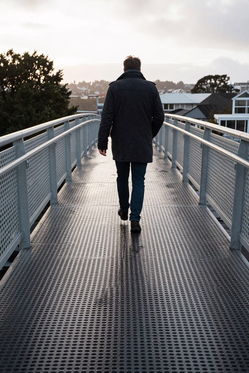 Morning Commute Across Wellington Perforated Metal Pedestrian Overpass After Sunrise in in Wellington, New Zealand