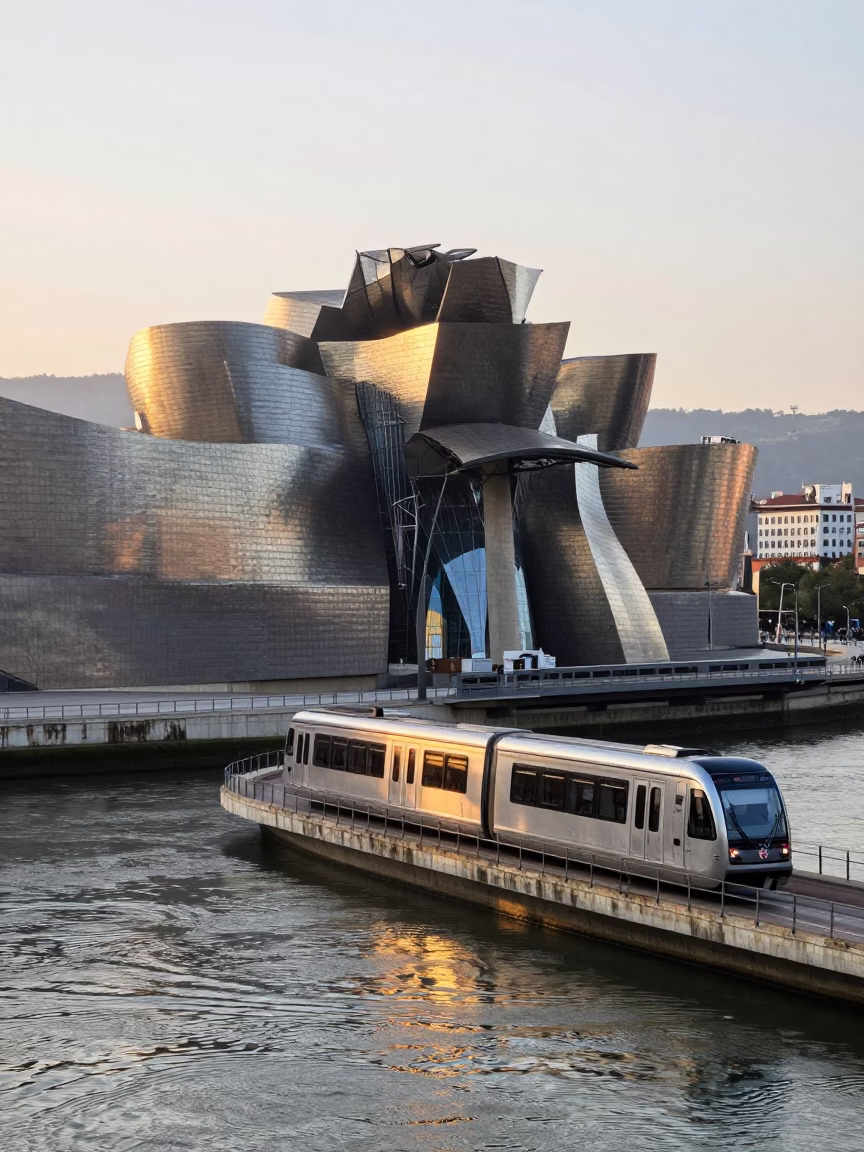 Morning Commute Along Bilbao River with Guggenheim Museum and Monorail Train in in Bilbao, Spain