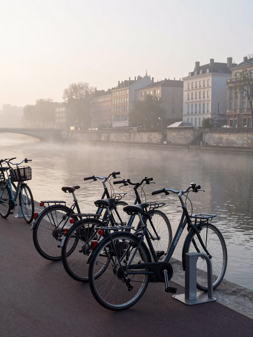 Morning Commute Along Lyon Quays with Bicycle Rack and River Reflections in in Lyon, France