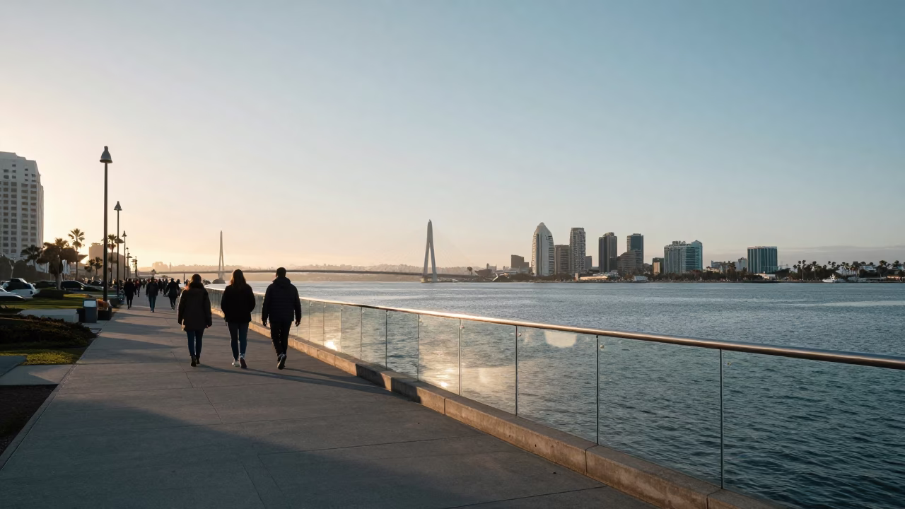 Morning Commute Along San Diego Bay with Glass Railing and Signal Gantry in in San Diego, California, United States