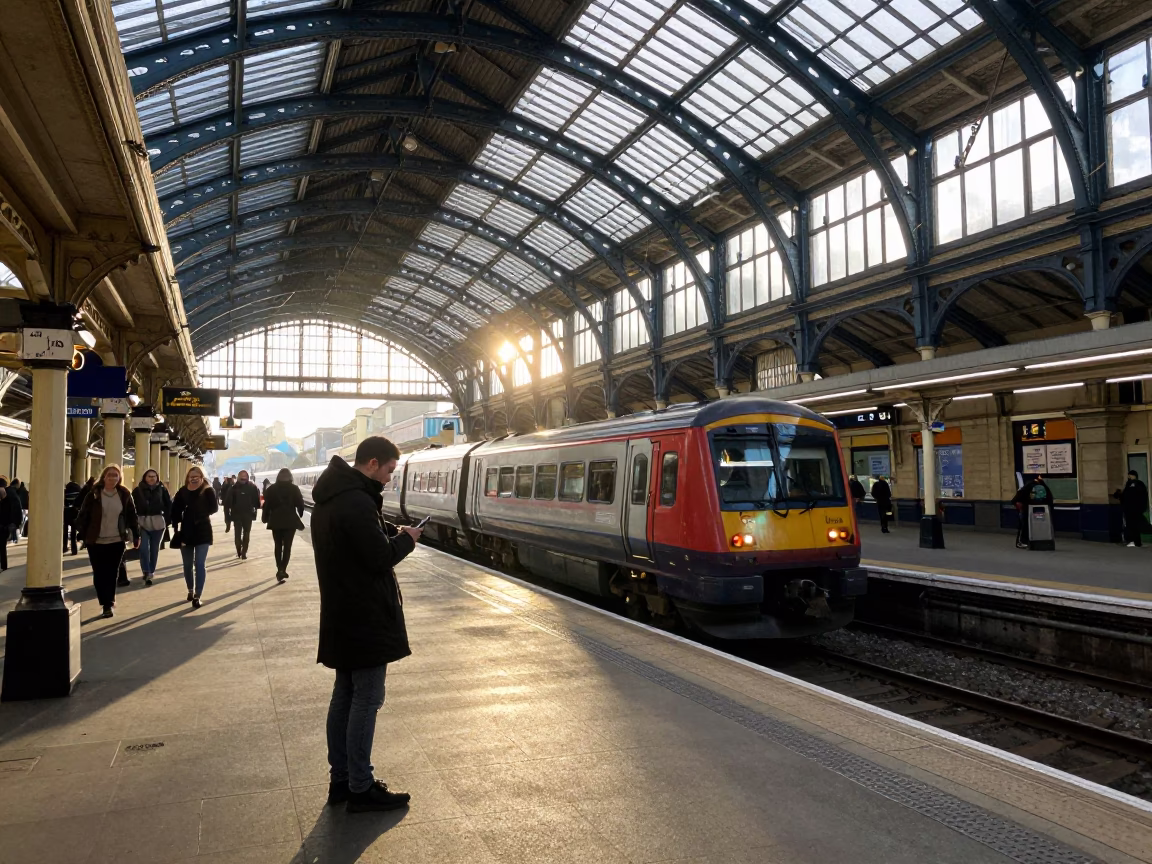 Morning Commute at Bristol Temple Meads Station Arched Roof Steel Structure in in Bristol, United Kingdom