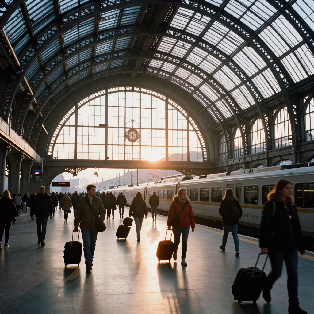 Morning Commute at Budapest Keleti Railway Station Glass Roof and Steel Structure in in Budapest, Hungary