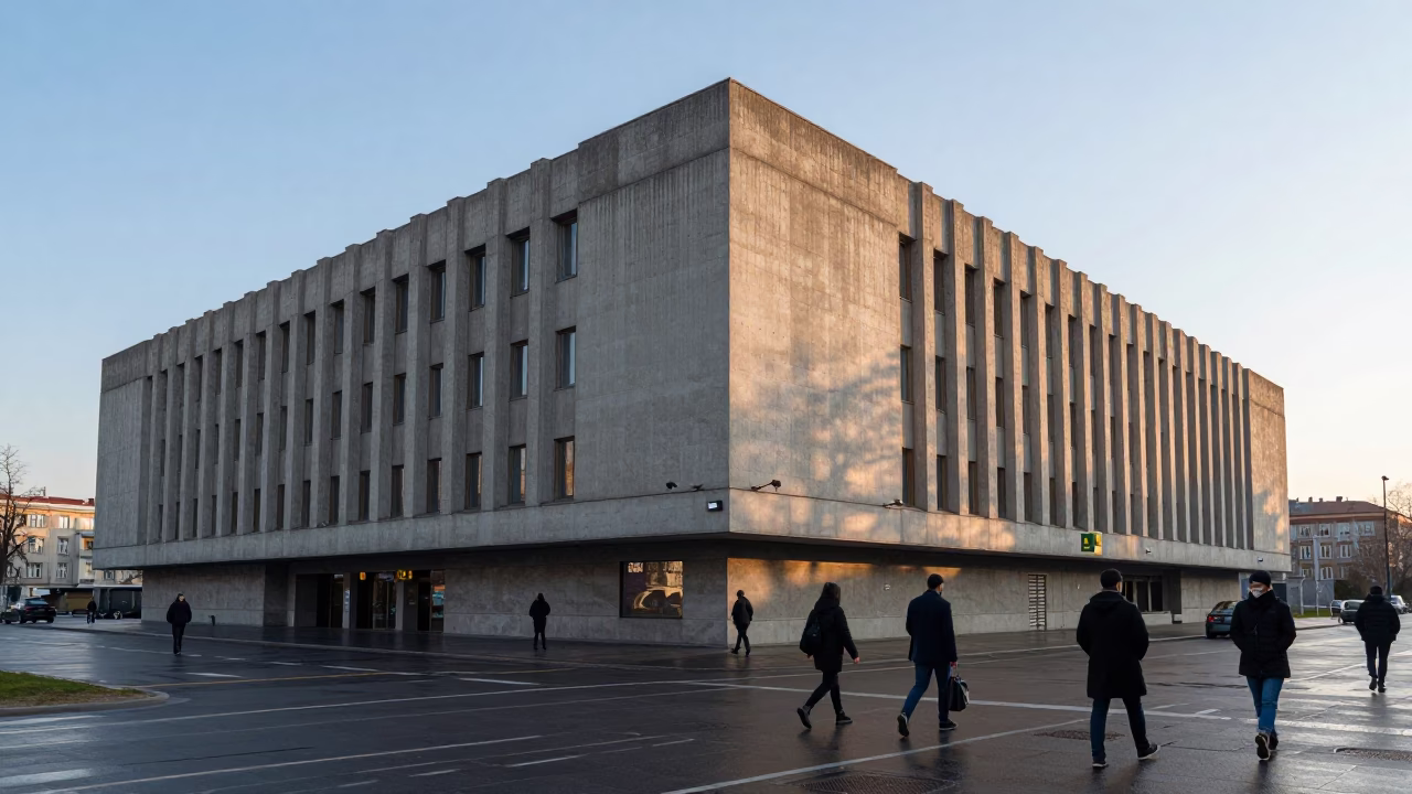 Morning Commute at Budapest Nyugati Station Concrete Brutalist Architecture and Early Sunlight in in Budapest, Hungary