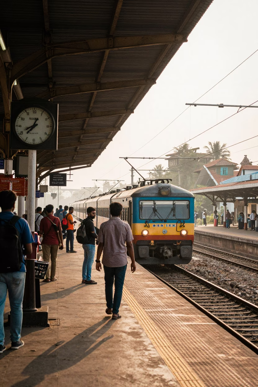 Morning Commute at Ernakulam North Railway Station Platform with Iron Roof and Train Clock in in Kochi, India