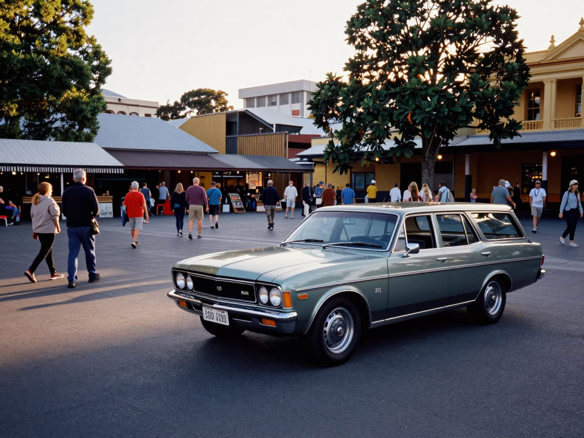 Morning Commute at Hobart Market Square with Vintage Car and Local Life in in Hobart, Tasmania, Australia