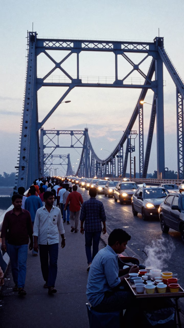 Morning Commute at Howrah Bridge Kolkata India Nautical Dawn Street Life in in Kolkata, India