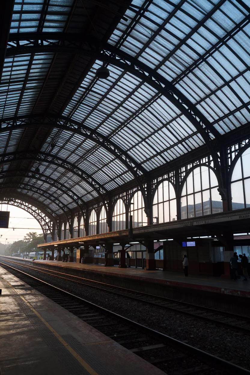 Morning Commute at Kochi Railway Station Before Sunrise with Glass Arches in in Kochi, India