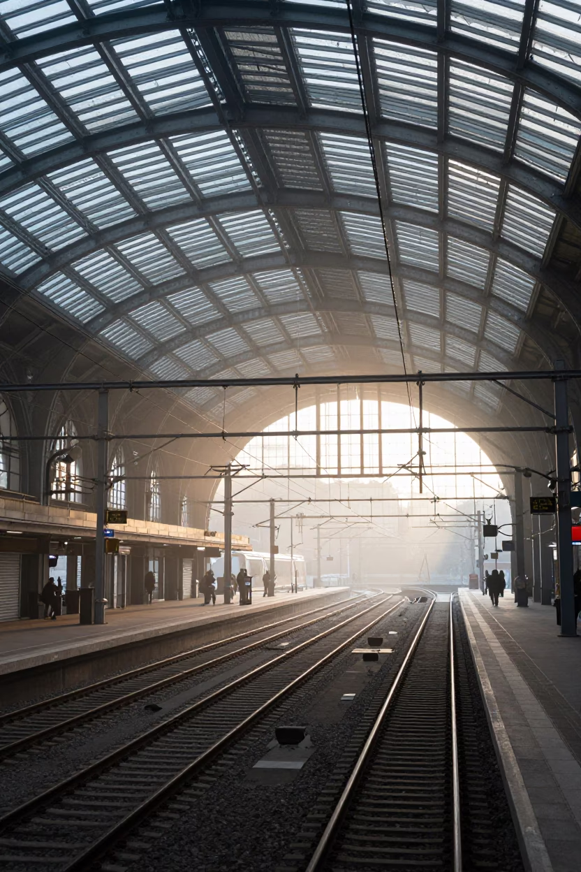 Morning Commute at Stockholm Central Station with Catenary Lines and Train Platforms in in Stockholm, Sweden