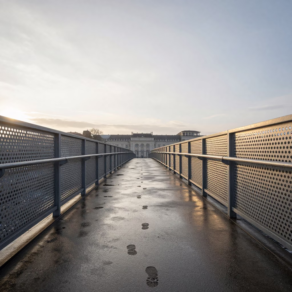 Morning Commute at Vienna Westbahnhof Pedestrian Overpass with Wet Footprints and Perforated Metal in in Vienna, Austria