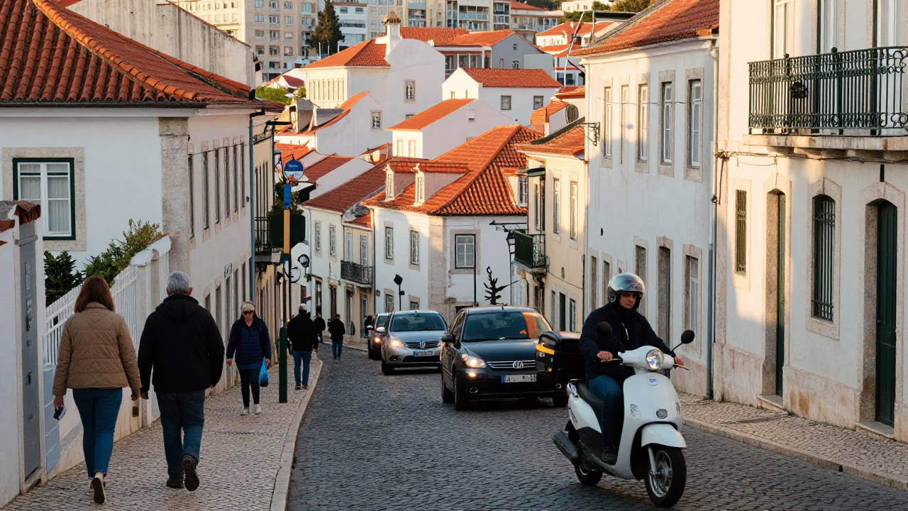 Morning Commute in Alfama Lisbon Portugal Scooter Traffic and Traditional Tram in in Lisbon, Portugal