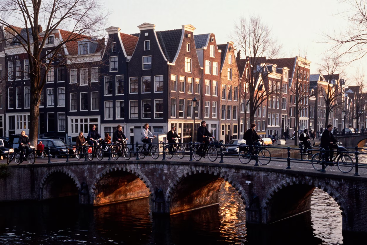 Morning Commute in Amsterdam at Nautical Dawn Light in in Amsterdam, Netherlands