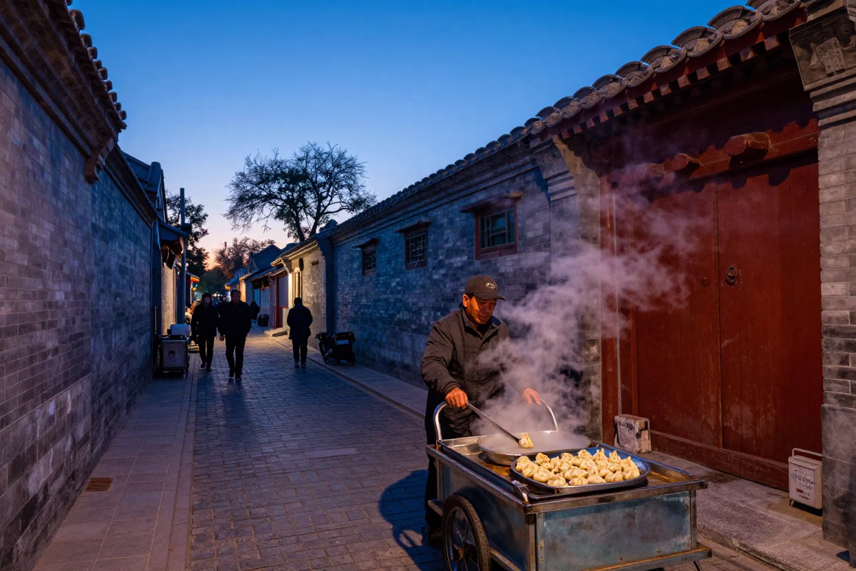 Morning Commute in Beijing at Nautical Dawn Light in in Beijing, China