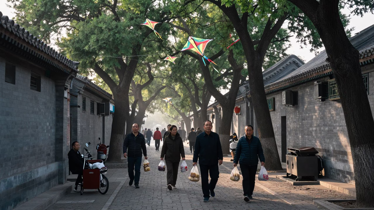 Morning Commute in Beijing China Near Traditional Hutong Alley with Kites Flying in in Beijing, China
