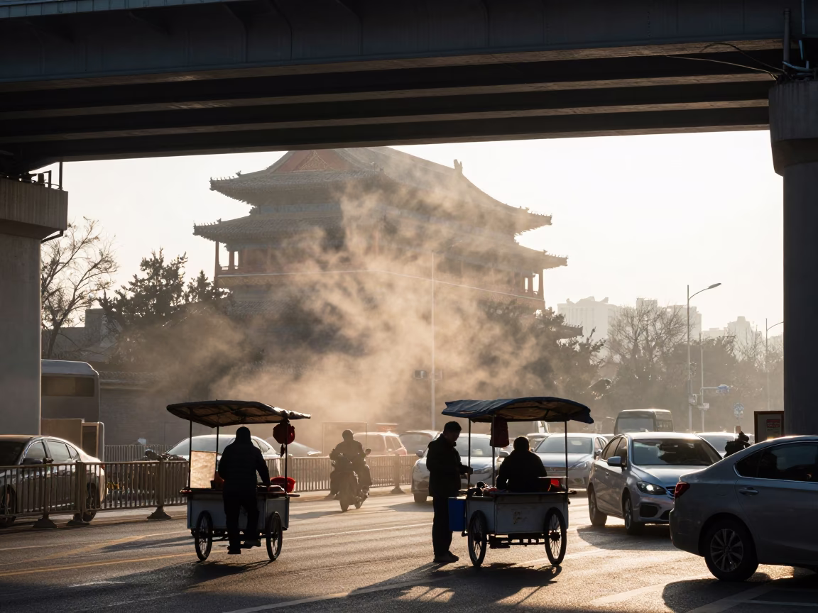 Morning Commute in Beijing Near Ancient City Gate with Steam and Urban Shadows in in Beijing, China