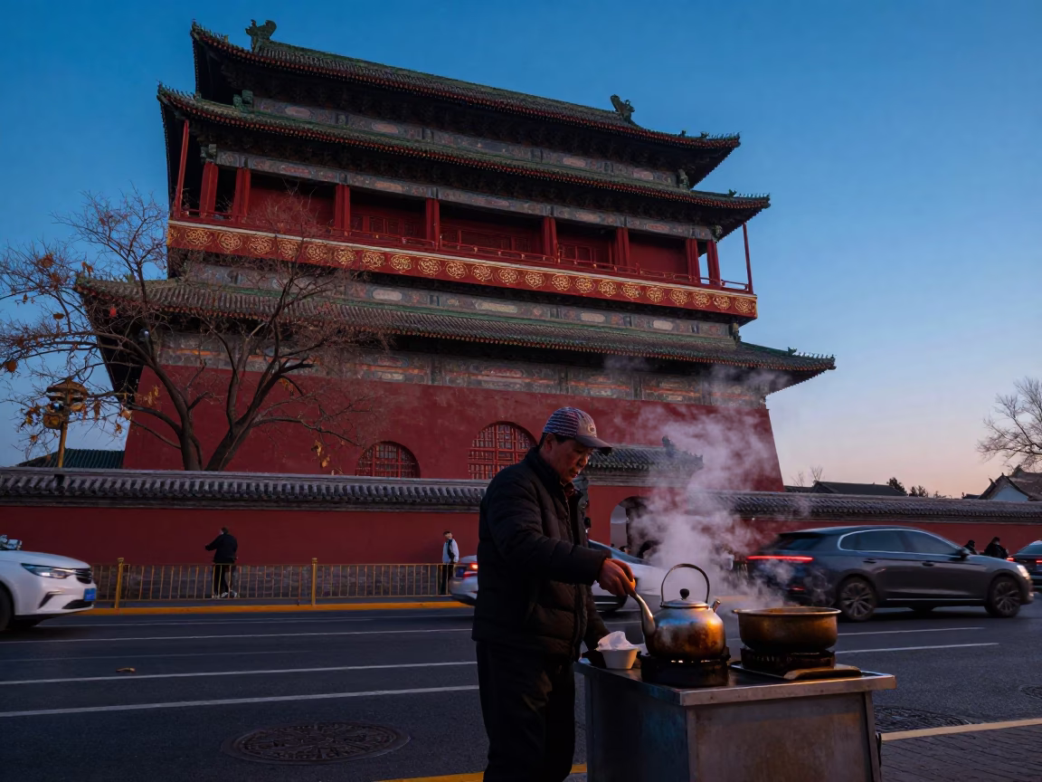 Morning Commute in Beijing Near Drum Tower at Nautical Dawn in in Beijing, China