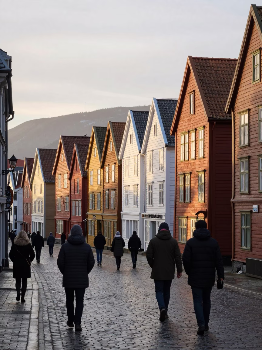 Morning Commute in Bergen at As First Light Reaches The Scene in in Bergen, Norway