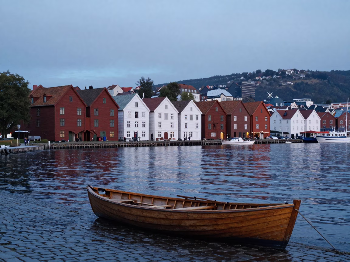 Morning Commute in Bergen Norway with Rowboat and City Views in in Bergen, Norway