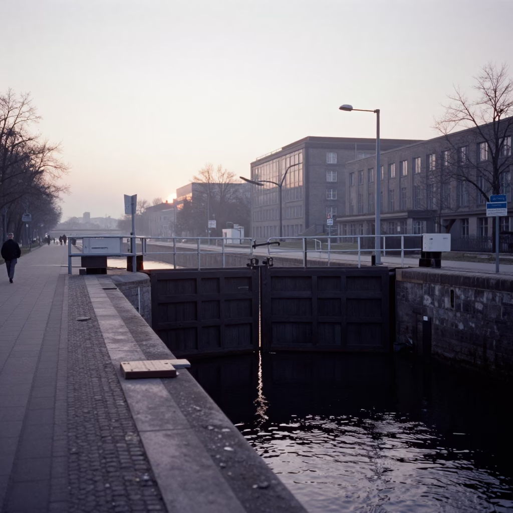 Morning Commute in Berlin Before Sunrise with Canal Lock and Wooden Gates in in Berlin, Germany