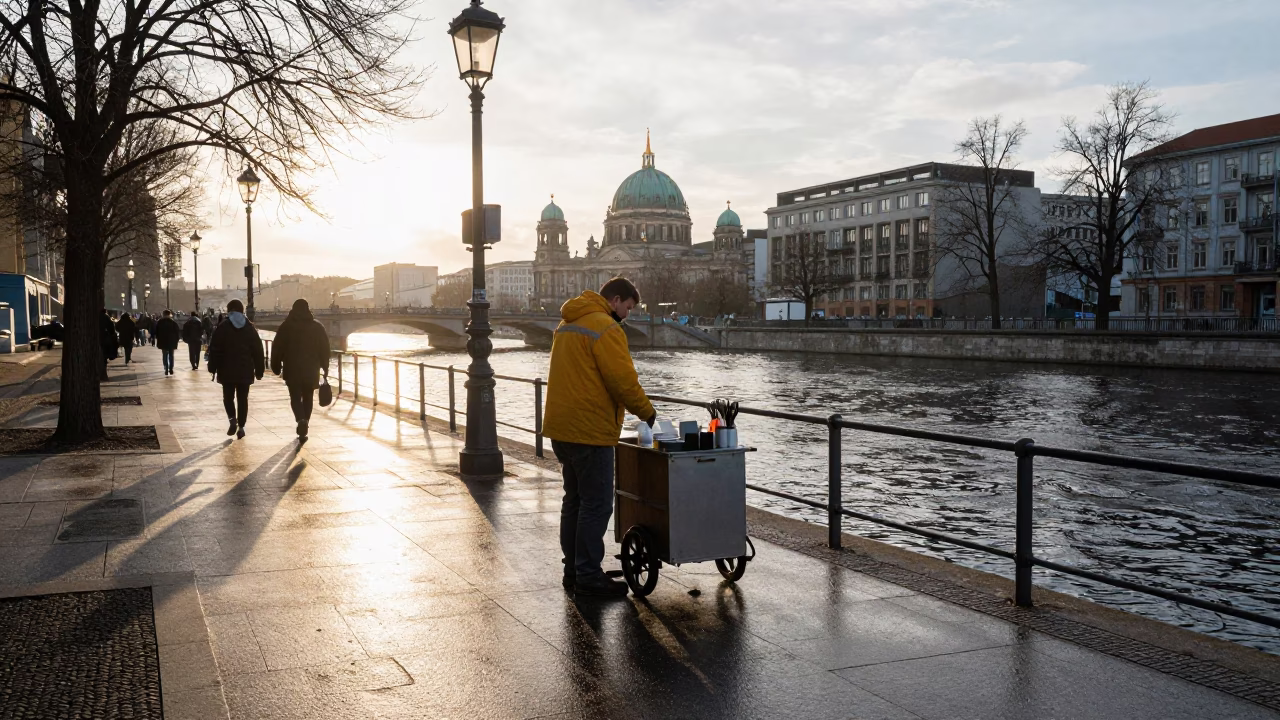 Morning Commute in Berlin with Cutlery and Salt Shaker After Sunrise in in Berlin, Germany