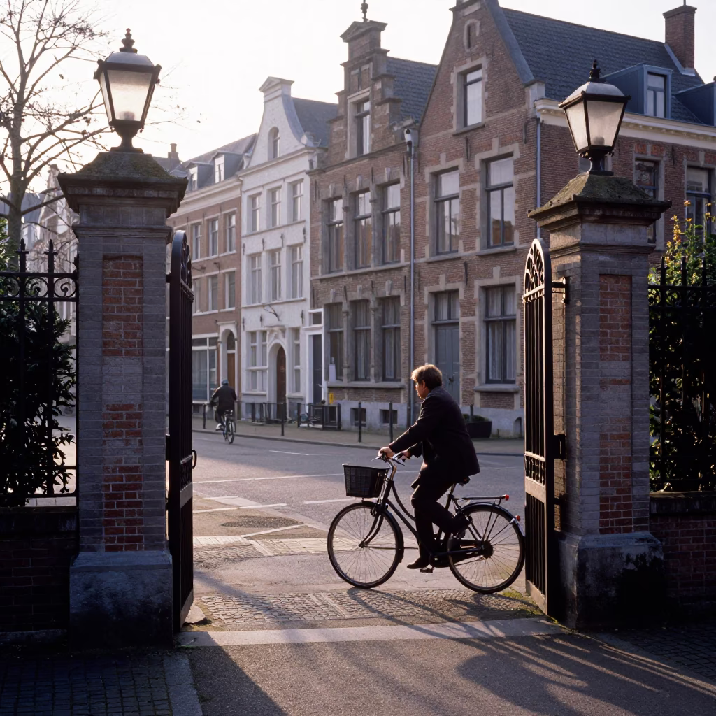 Morning Commute in Brussels Belgium With Bicycle And Garden Gate After Sunrise in in Brussels, Belgium