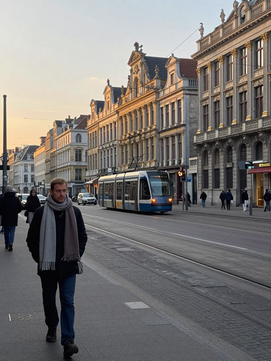 Morning Commute in Brussels Belgium with Scarf and Tram Track Details in in Brussels, Belgium