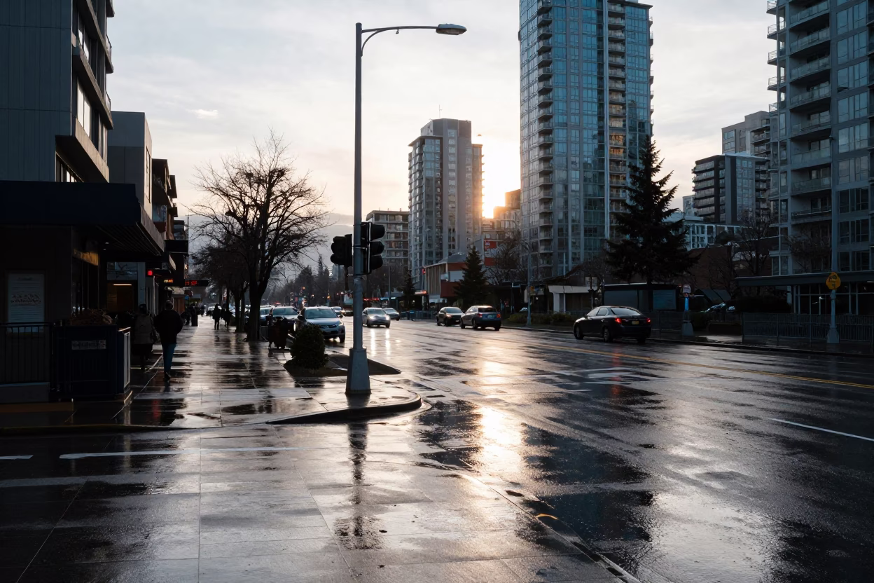 Morning Commute in Downtown Vancouver with Substation Access Road and Oil Sheen Rainwater in in Vancouver, British Columbia, Canada