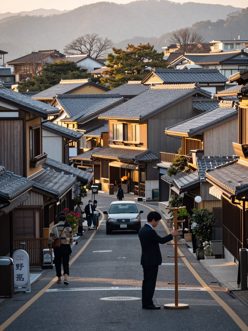 Morning Commute in Fukuoka Japan After Sunrise with Traditional Architecture and City Life in in Fukuoka, Japan