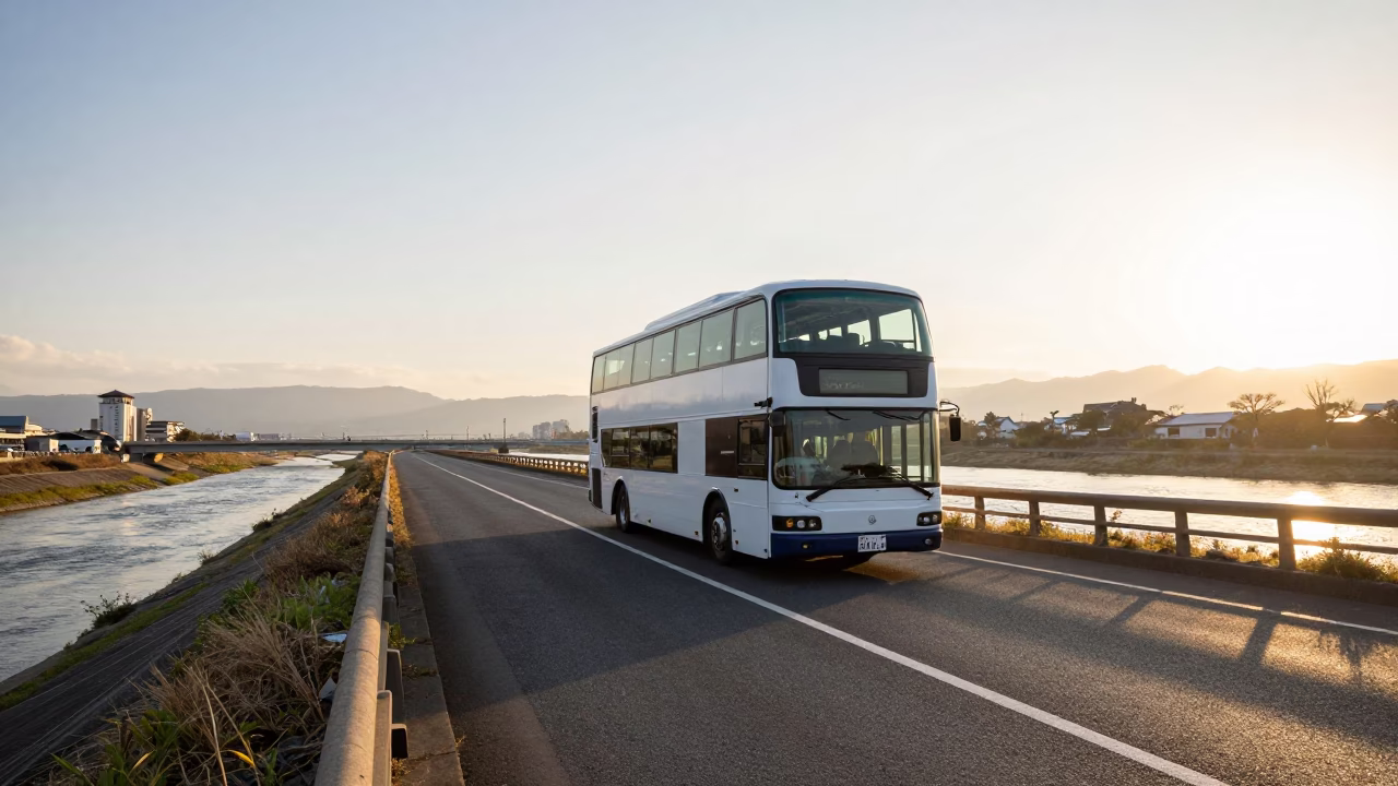 Morning Commute in Fukuoka Japan Levee Road with Double Decker Bus in in Fukuoka, Japan