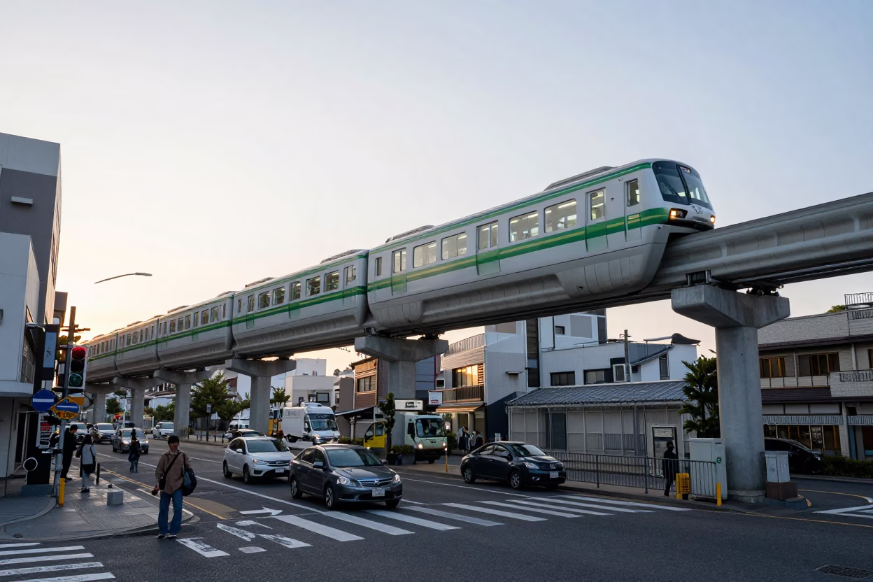Morning Commute in Fukuoka Japan Monorail Passing Over Busy Street with Early Light in in Fukuoka, Japan
