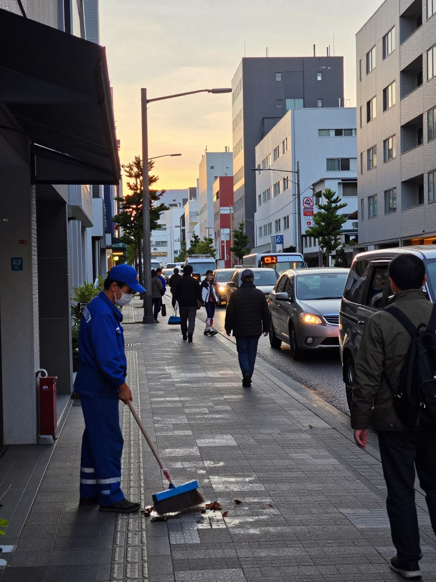 Morning Commute in Fukuoka Japan with Workers and Urban Dawn Light in in Fukuoka, Japan