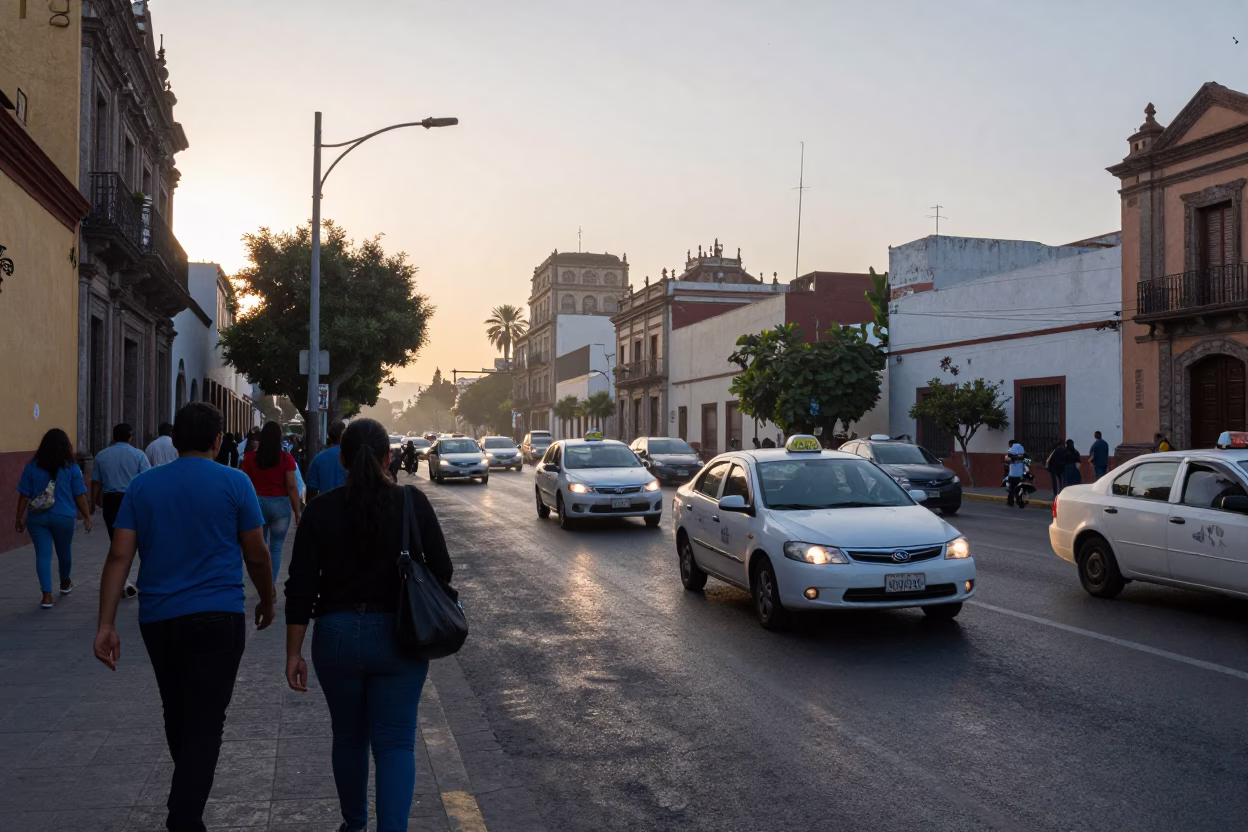 Morning Commute in Guadalajara Mexico City Streets at Sunrise in in Guadalajara, Mexico